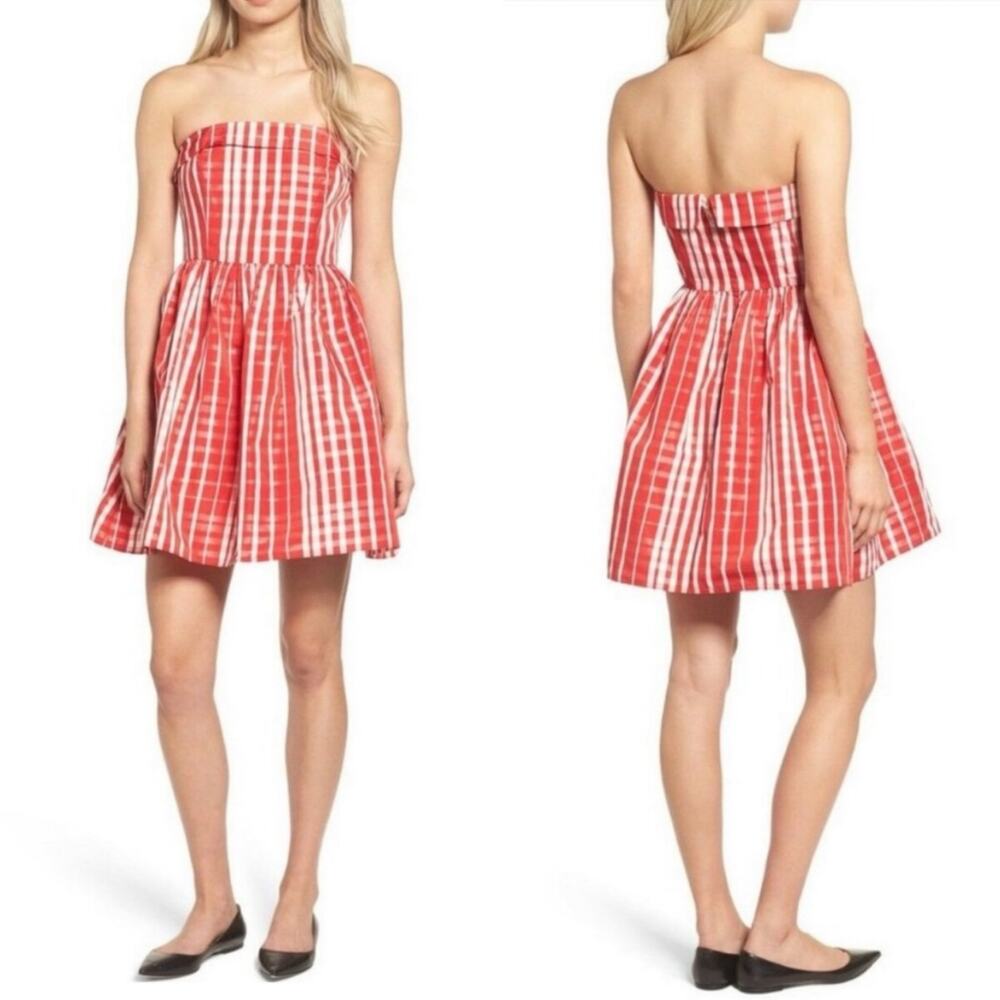 Vineyard Vines Red White Multi Scale Gingham Strapless Silk Mini Dress Size 0